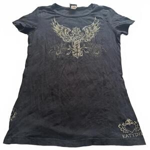 KatyDid Faith Wings Cross Graphic Tee Large Y2K Rhinestone Gold